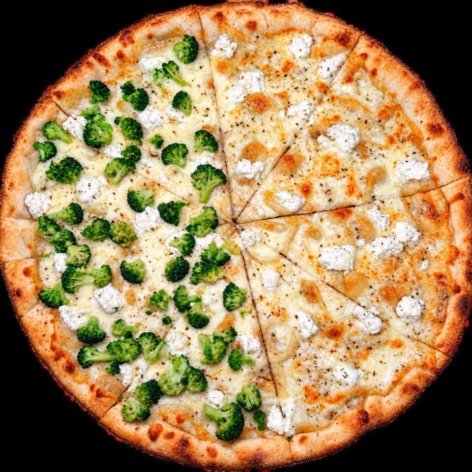 Whole cheese pizza topped with broccoli florets, white cheese crumbles, herbs, and toasted crust, sliced into wedges.