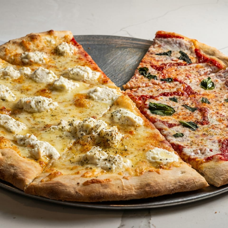Two pizzas on a dark metal platter: one topped with ricotta and cheese, the other with tomato sauce, mozzarella, and basil.