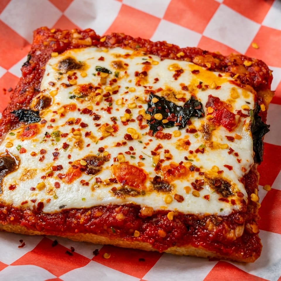Square slice of cheesy tomato pizza topped with pepperoni, charred toppings, and red pepper flakes on checkered paper.