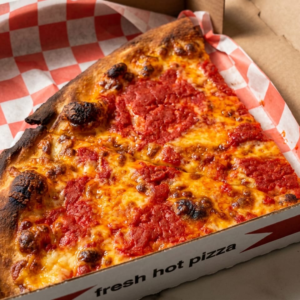 Large rectangular cheese pizza with tomato sauce and charred crust in an open cardboard box lined with red-and-white checkered paper.