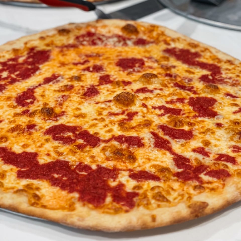 Large round cheese pizza with tomato sauce patches and a golden-brown crust on a white marble counter.