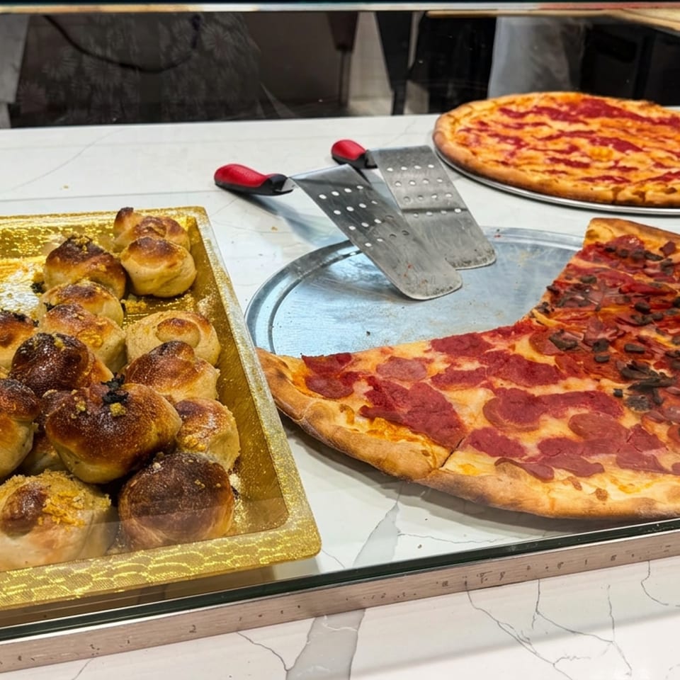 Pizza counter displaying round cheese pizza, sliced mushroom and pepperoni pizza, and a tray of golden stuffed bread rolls.