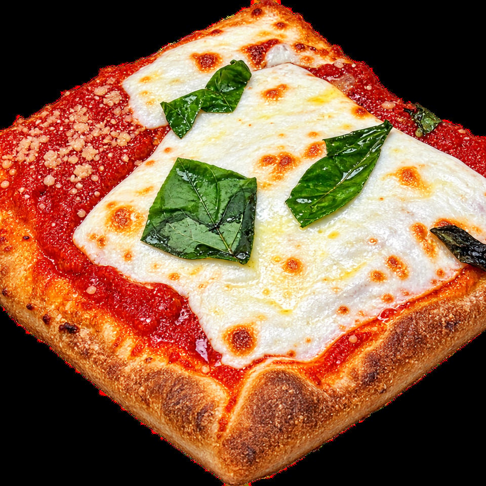 Square pizza topped with tomato sauce, melted mozzarella, grated cheese, and fresh basil on a golden crust.