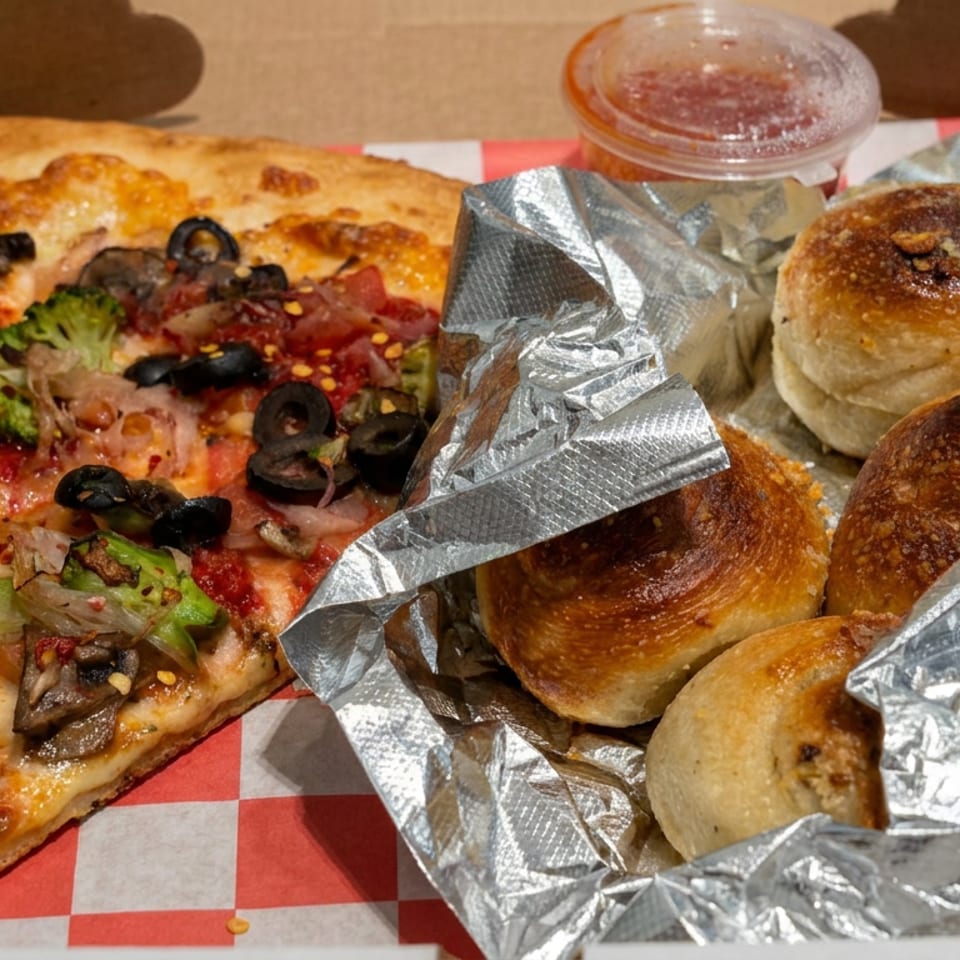 Open pizza box containing a vegetable-topped pizza slice, foil-wrapped bread rolls, and a small cup of dipping sauce.
