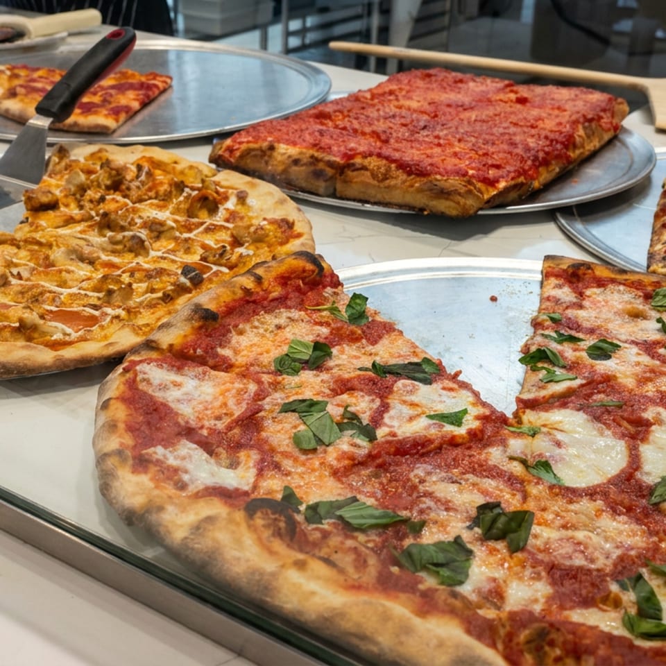 Assorted pizzas, including tomato, mozzarella, basil, mushroom, and rectangular Sicilian-style slices, displayed on metal trays.