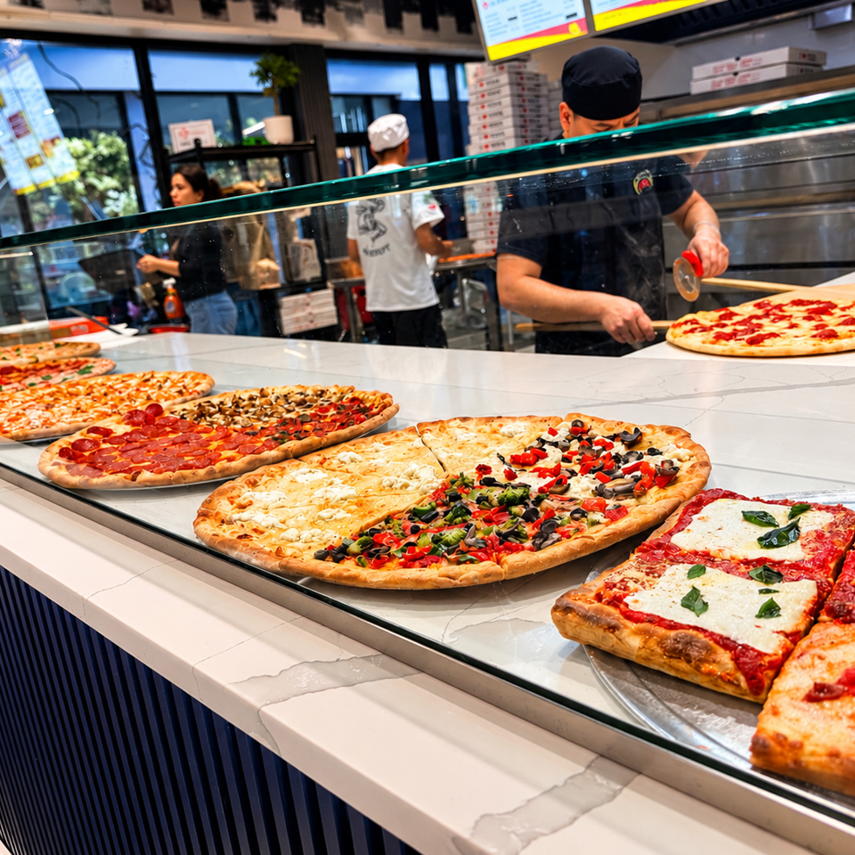 Chefs prepare pizzas behind a glass counter displaying assorted round and rectangular pizzas with varied toppings.