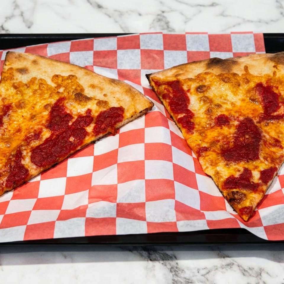 Two large slices of cheese and pepperoni pizza on red-and-white checkered paper atop a black tray.