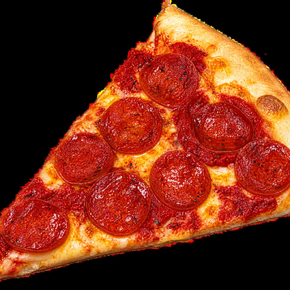 Triangular pepperoni pizza slice with melted cheese, tomato sauce, and a golden-brown crust on a dark teal background.
