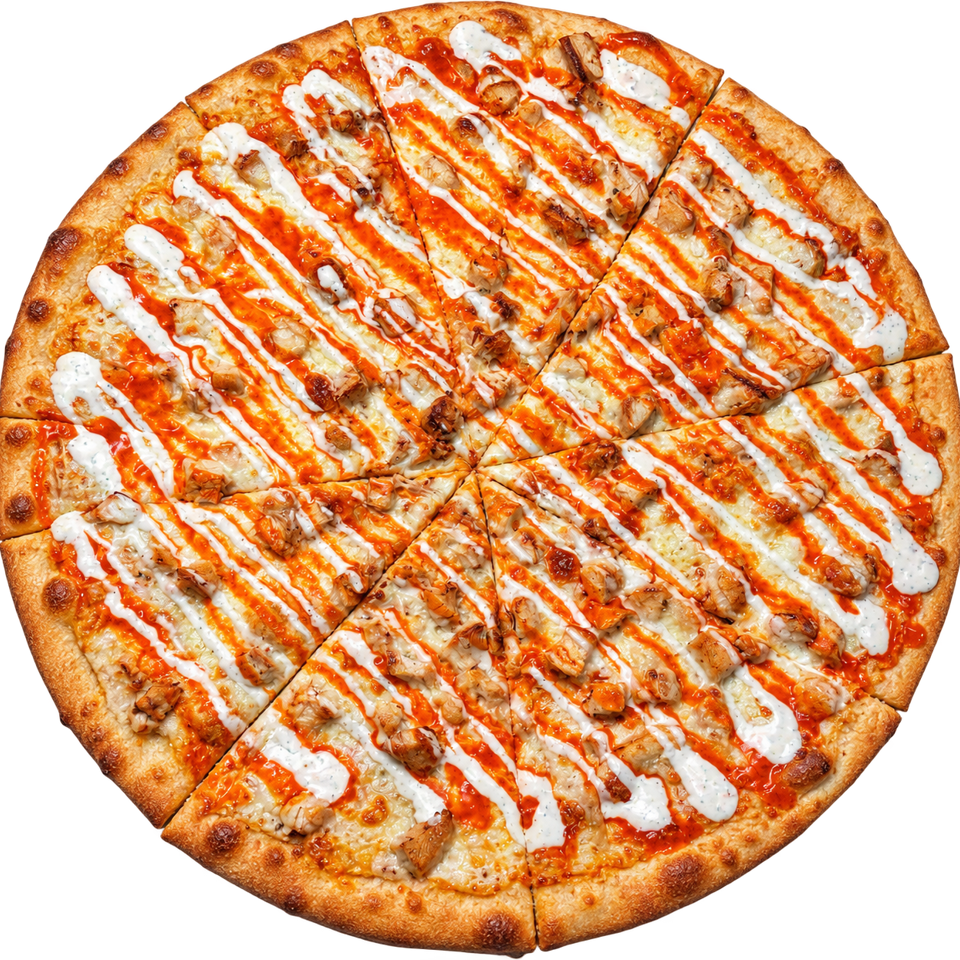 Round chicken pizza topped with melted cheese and drizzled with orange hot sauce and creamy white sauce.