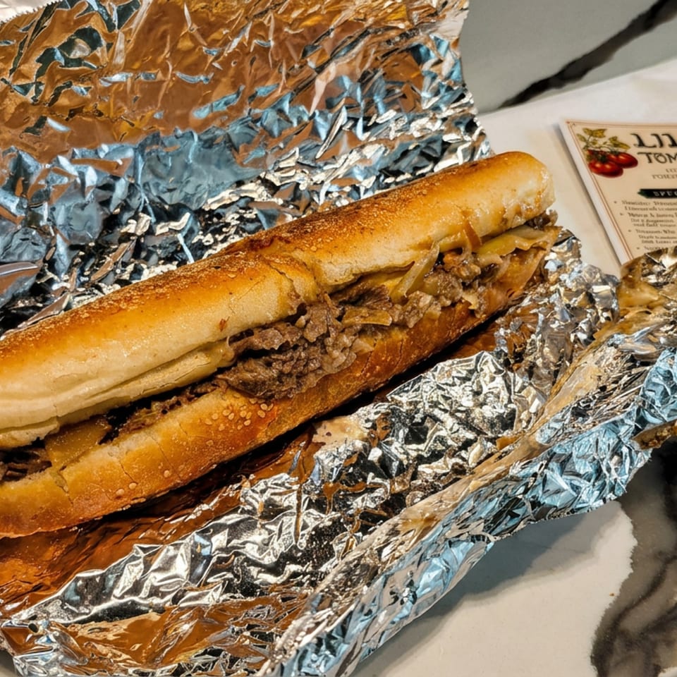 Toasted steak sandwich wrapped in foil beside an Illies Tomato Pies restaurant menu on a marble table.