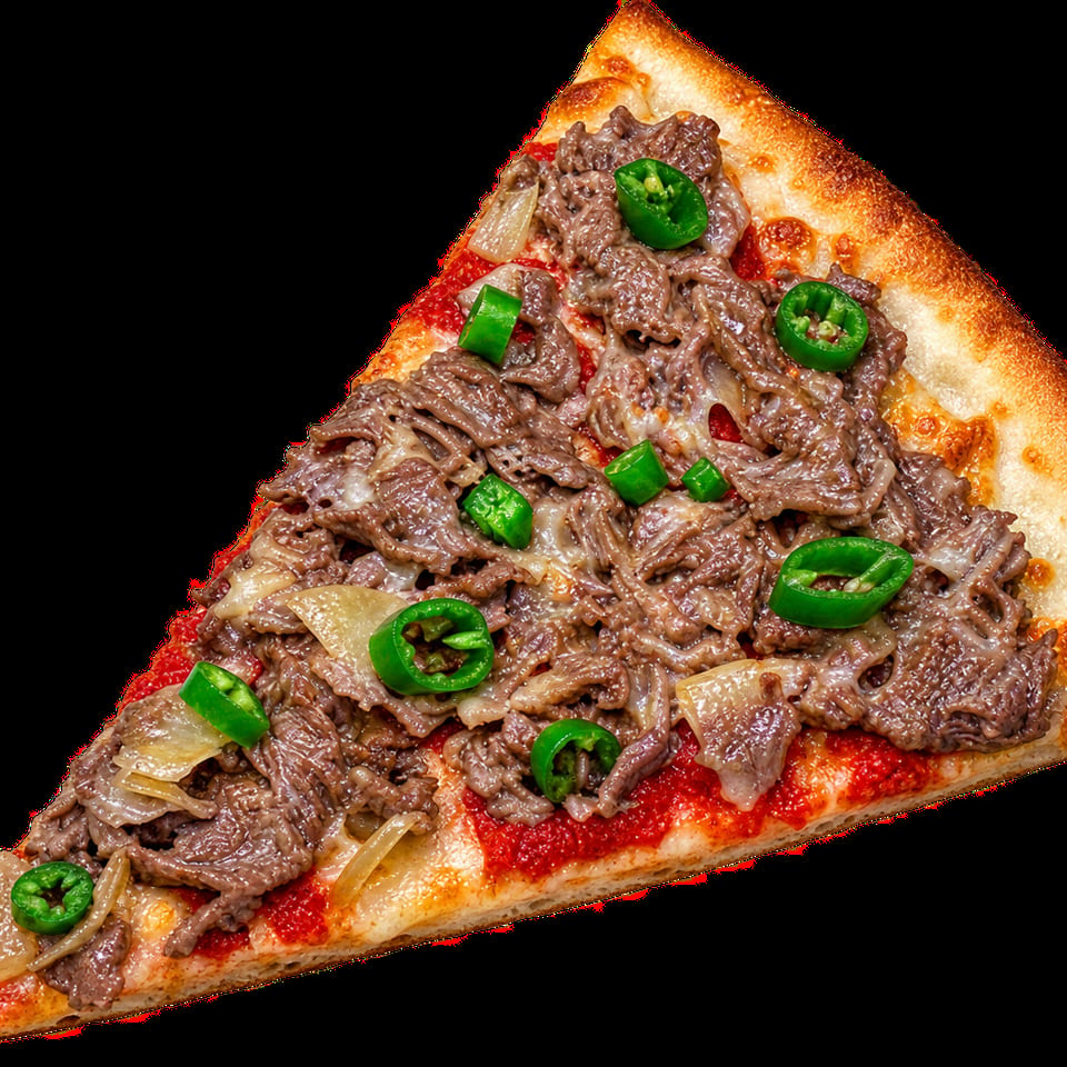 Triangular pizza slice topped with shaved steak, onions, melted cheese, tomato sauce, and sliced jalapeños.