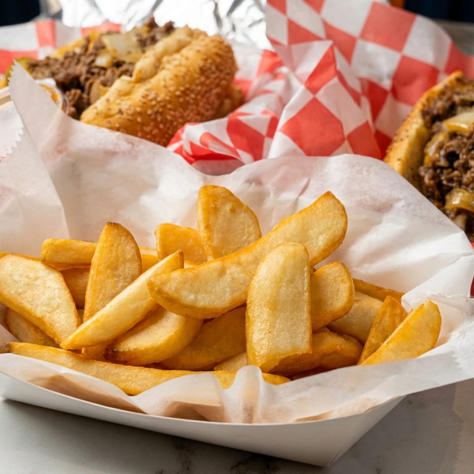 Basket of golden potato wedges with two cheesesteak sandwiches served in red-and-white checkered paper.