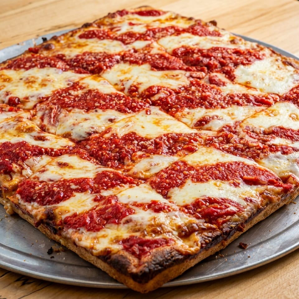 Square deep-dish pizza topped with tomato sauce and melted cheese on a metal tray atop a wooden table.