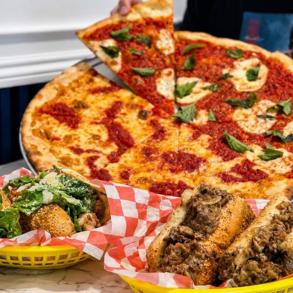 Large pizzas, leafy sandwiches, and mushroom-topped cheesesteaks served in yellow baskets on a marble table.