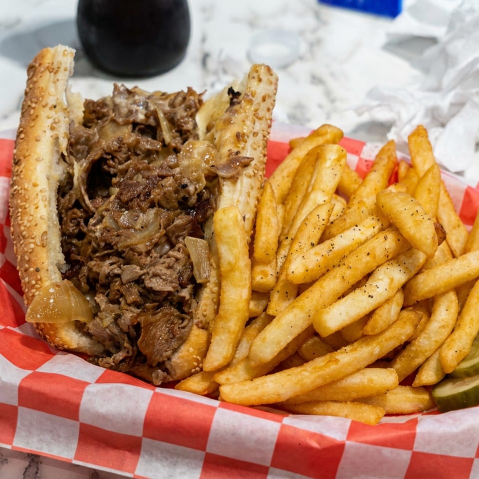 Sesame-seed steak sandwich with sautéed onions, seasoned fries, and pickle slices served on red-and-white checkered paper.