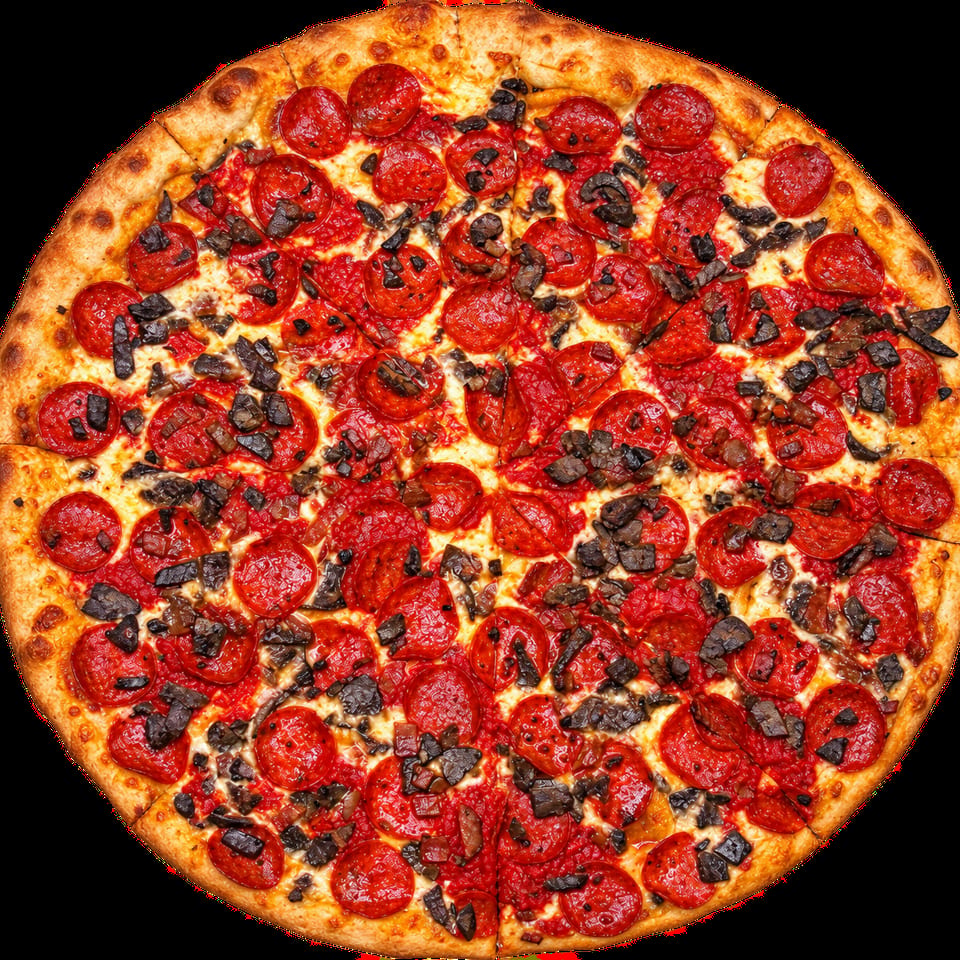 Whole pepperoni and mushroom pizza with melted cheese and a golden-brown crust.